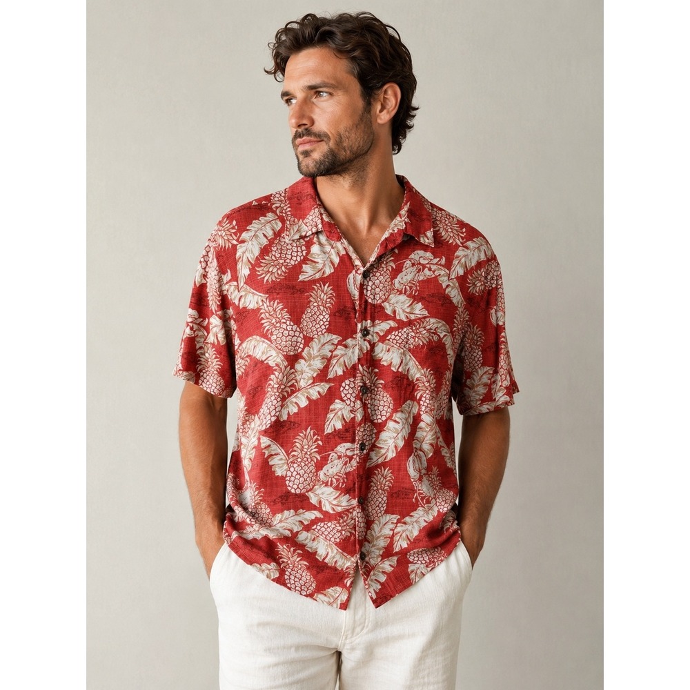 CAMPIA Red and White Tropical Print Rayon Button-down Short Sleeves Shirt Size L